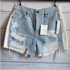 Hidden Two tone blue and white distressed shorts